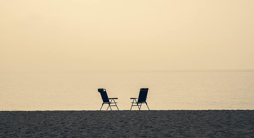 cadires de platja, platja, mar, horitzó, seients, sorra, Platja sorrenca, Riba, vora del mar, La costa, Costa