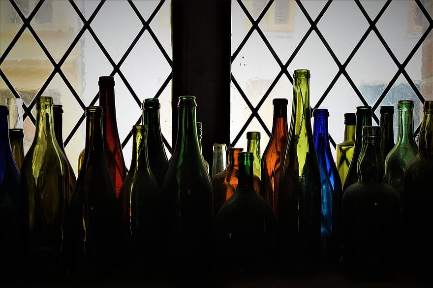 bottiglie, bevande, bicchiere, Materiale, bar, vetro colorato, colore, atmosfera