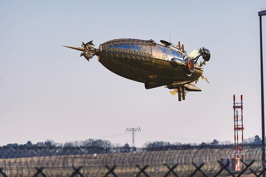 zeppelin, steampunk, fantasia, dirigibile, librarsi, pista di decollo, aeroporto, volante, veicolo aereo, militare, aereo da combattimento