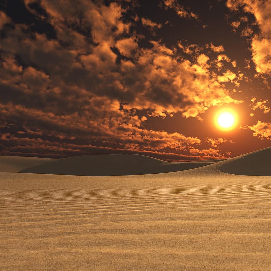 pustynia, zachód słońca, niebo, piasek, chmury, sahara, wydmy, krajobraz, wydma, światło słoneczne, słońce