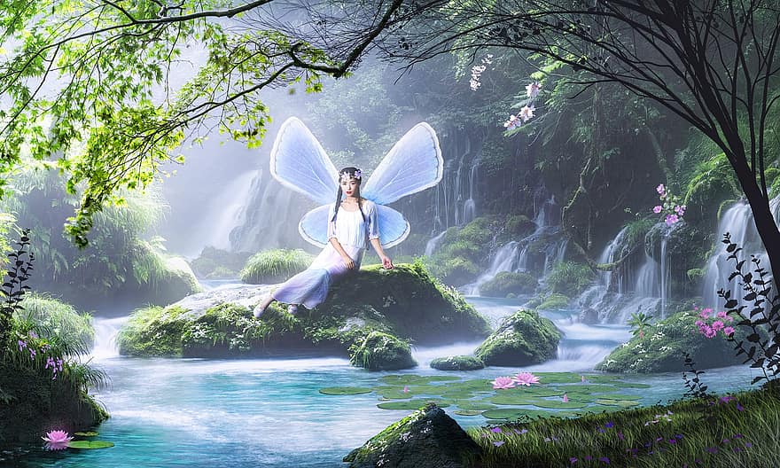 Fairy, River, Woods, Magical Creature, Fantasy, Wallpaper, Nature, women, men, green color, summer