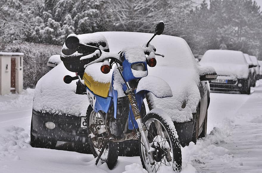 Motorcycle, Enduro, Motocross, Suzuki, Winter, Snowfall, Snow, Road