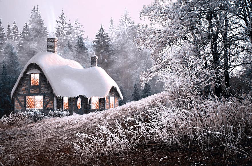 ziemā, kabīne, sniegs, ainavu, māja, mežs