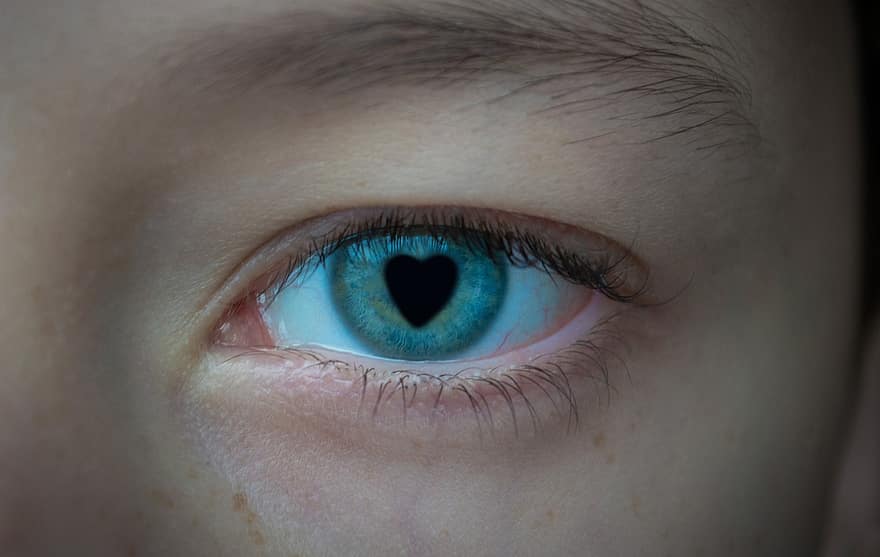 øje, kærlighed, romantik, øjenvipper, bryn, iris, makro, syn, et hjerte, elev, øjne