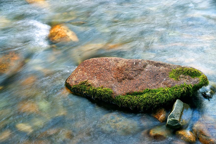 pietra, flussi, montagne, acqua, estate, altai, roccia, colore verde, foresta, paesaggio, fluente
