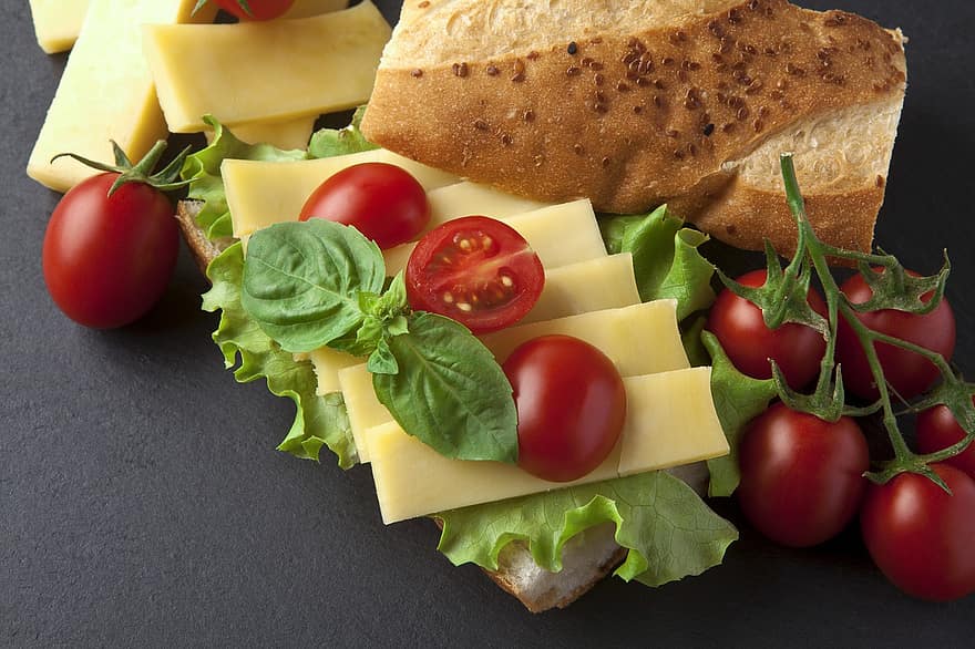 smörgås, snabbmat, ost, cheddar, tomat, bröd, utsökt, måltid, mat, friskhet, gourmet