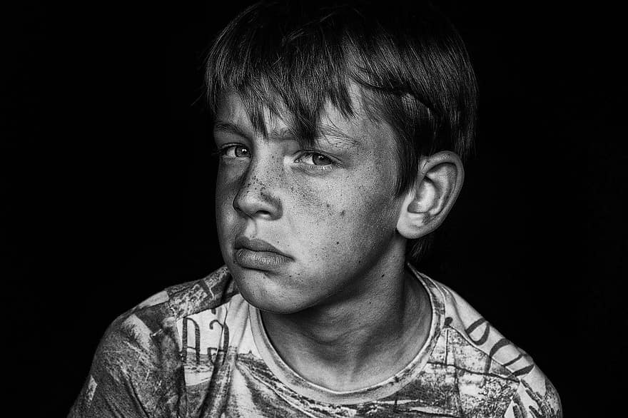 kid, boy, mad, one person, portrait, black and white, males, men, adult, black background, young adult