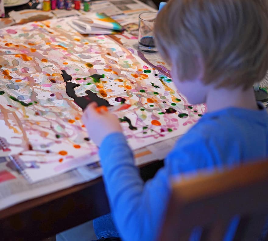 pintura, infància, creativitat, noi, nen, art, educació, taula, nois, a l'interior, aprenentatge