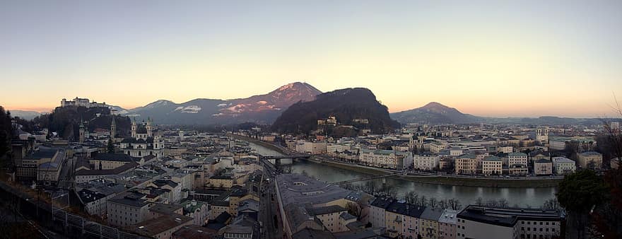 Salzburg, Austria, City, Sunset, Fortress, Salzach, River, cityscape, dusk, famous place, architecture
