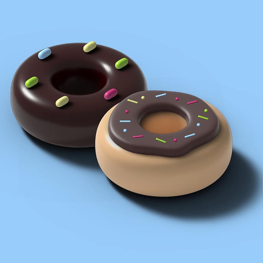 donut, chokolade, flad, 3d render, sociale medier, grafisk design, tapet, Gengiver, mad, blå baggrund, kager
