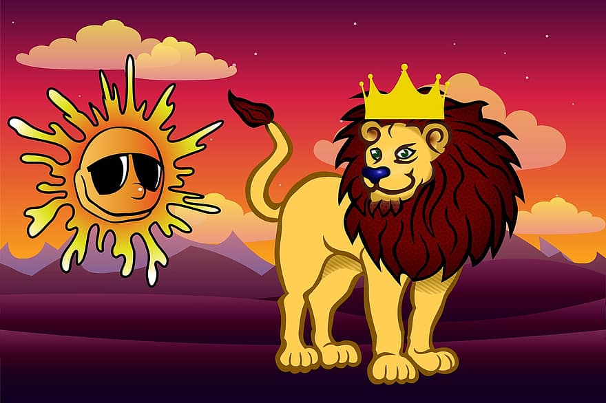 Kunst, løve, konge, sol, dyr, safari, pattedyr, katt