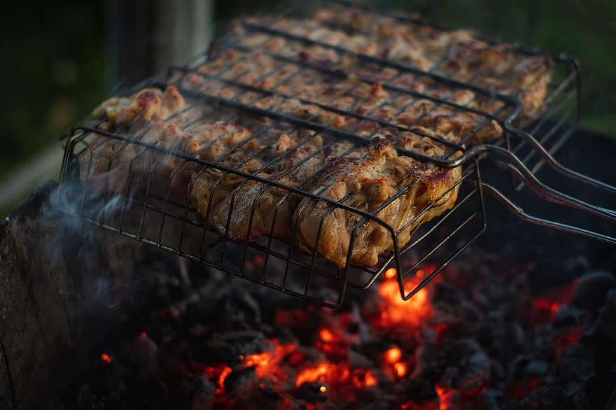 carne, grade, carvões, grelhar, carne grelhada, calor, cozinhar, cozinhando, shish kebab, frango, frango grelhado