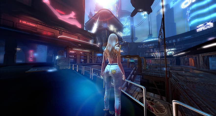 Girl, Future, City, Jeans, Sf, Blonde, Insilico, Second Life, Dystopian, Blade Runner