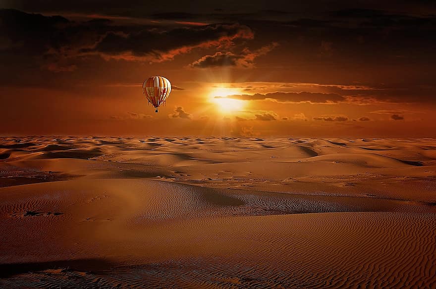 balão de ar quente, deserto, areia, panorama, por do sol, luz solar