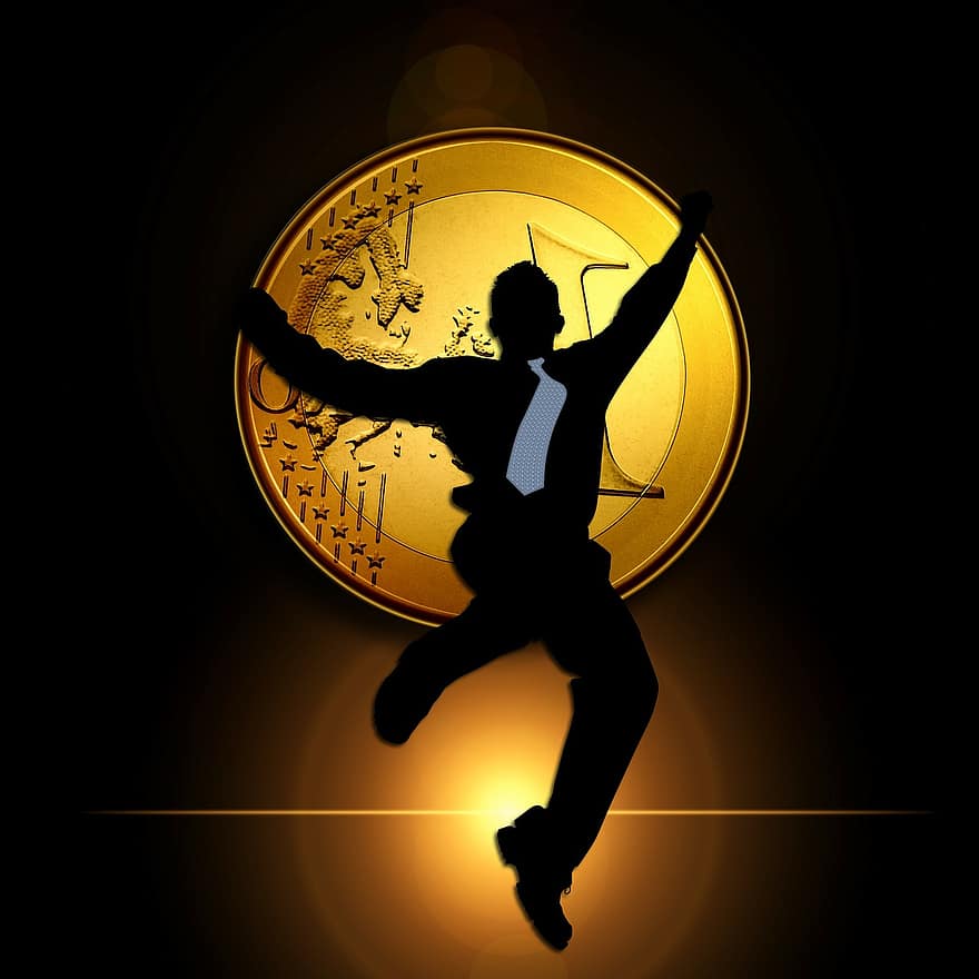 euro, monety, mężczyzna, sylwetki, radość, skocz w powietrze, skok powietrza, pieniądze, waluta, znak euro, banknot jednodolarowy