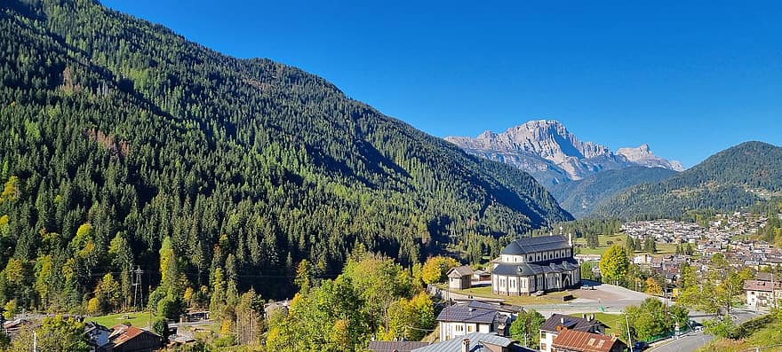 dolomites, aldeia, montanhas, Alpes, Itália, panorama