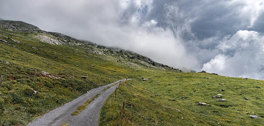 montañas, la carretera, camino, alpino, pasto, Alpes, Valais, Suiza