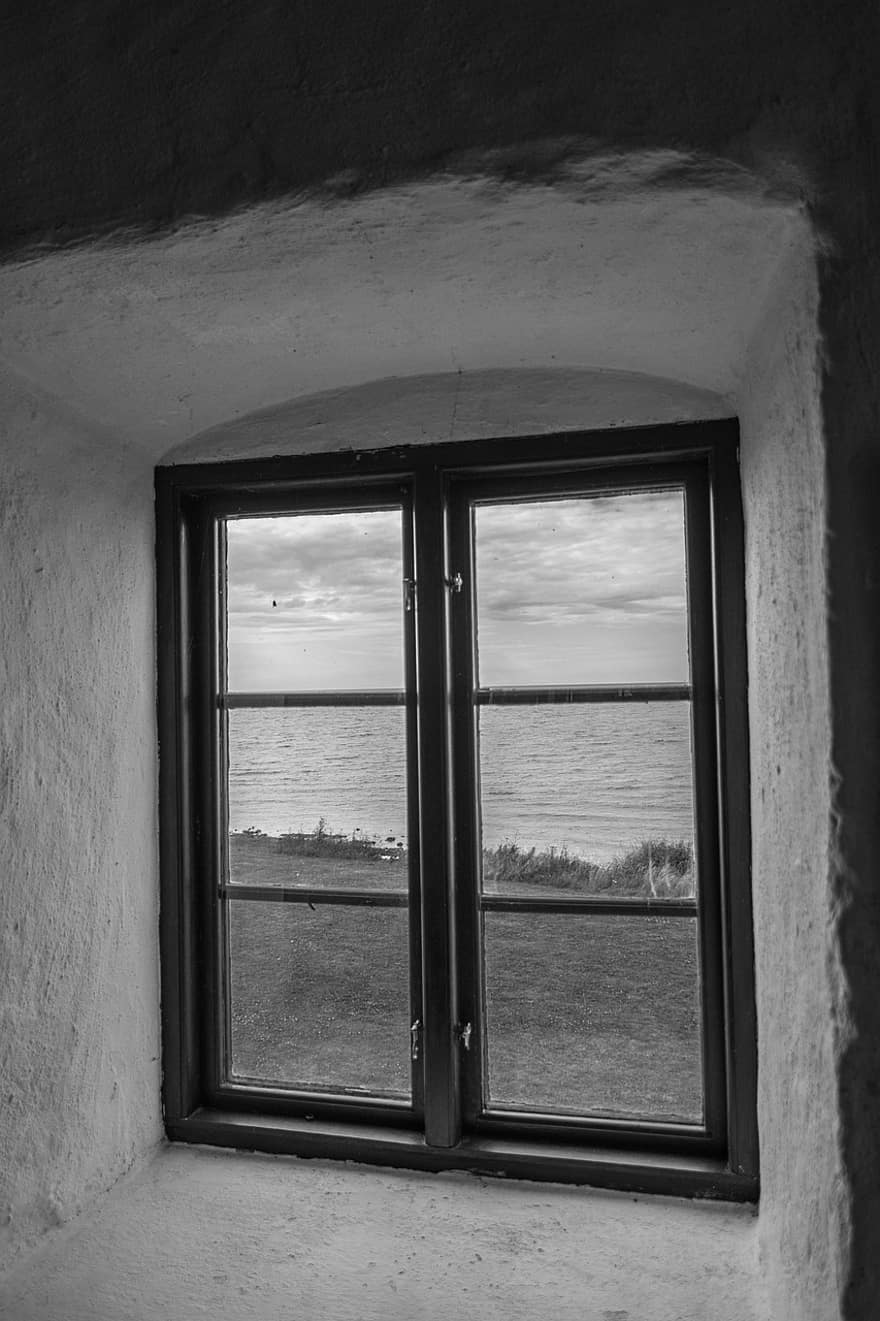 スウェーデン、窓、見通し、建築、屋内で、夏、水、無人、風景、古い、窓を通して見る