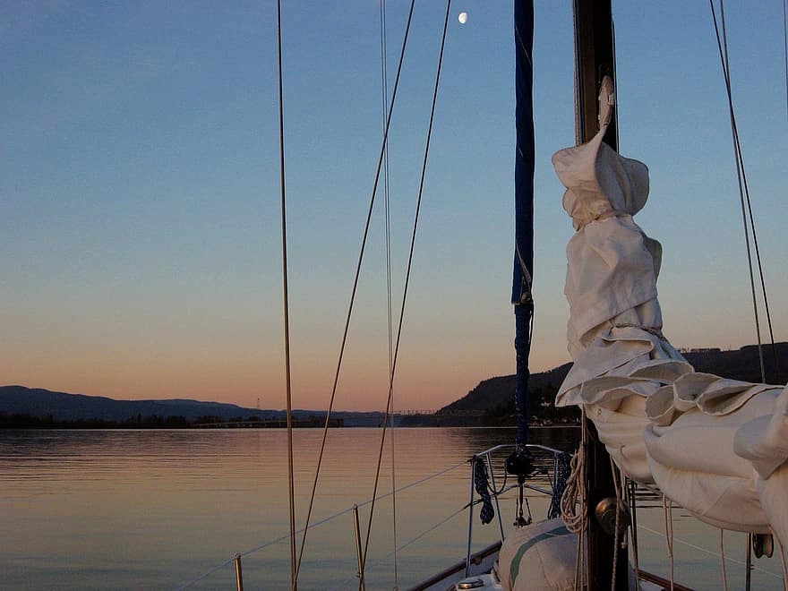 zeilboot, rivier-, hemel, maan, zonsondergang, water, toneel-, reflectie, boot, masten, tuigage