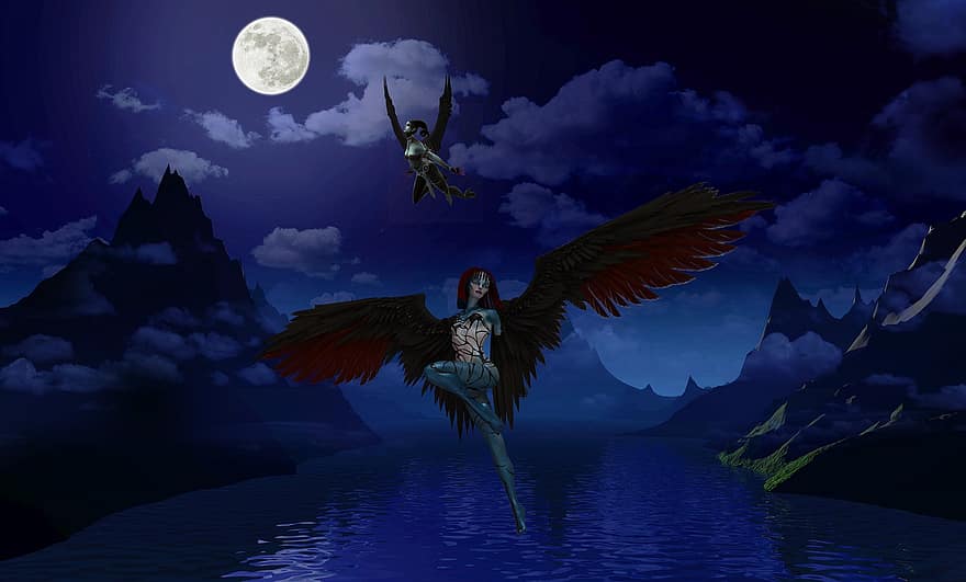Hintergrund, Berge, Nacht-, Engel, Mond, Fantasie, weiblich, Charakter, digitale Kunst