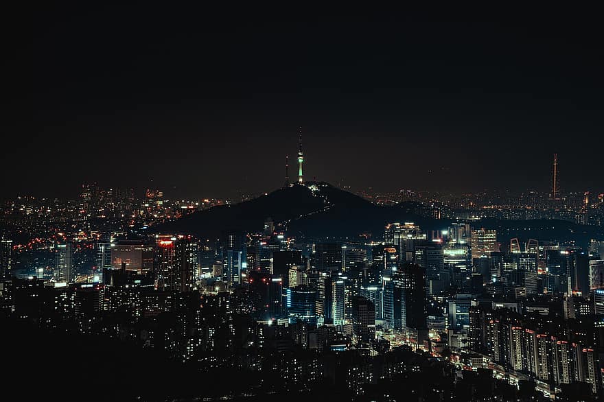Νύχτα, πόλη, Σεούλ, Νότια Κορέα