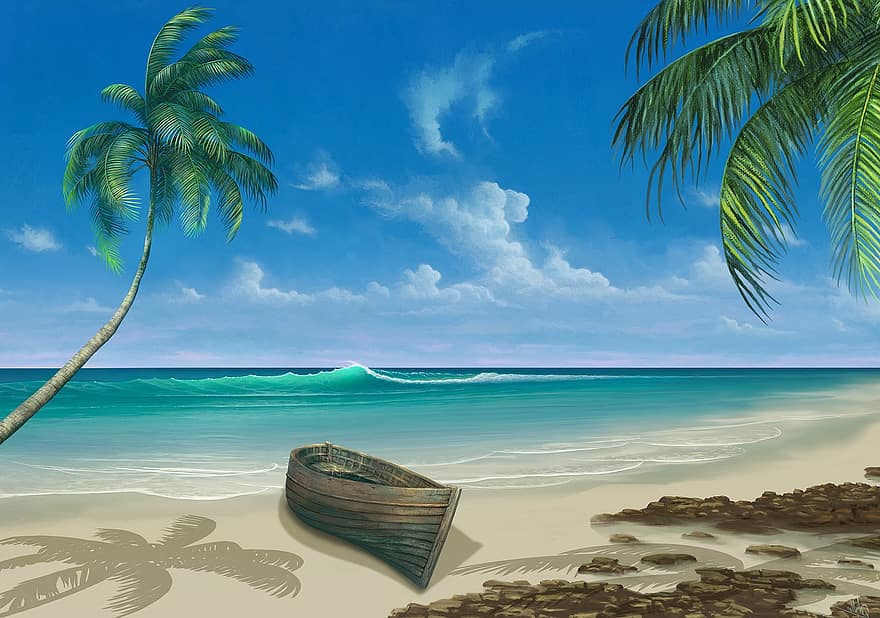 ranta, vene, maalaus, paratiisi, palmu, rannikko, hiekka, merenranta, meri, valtameri, horisontti