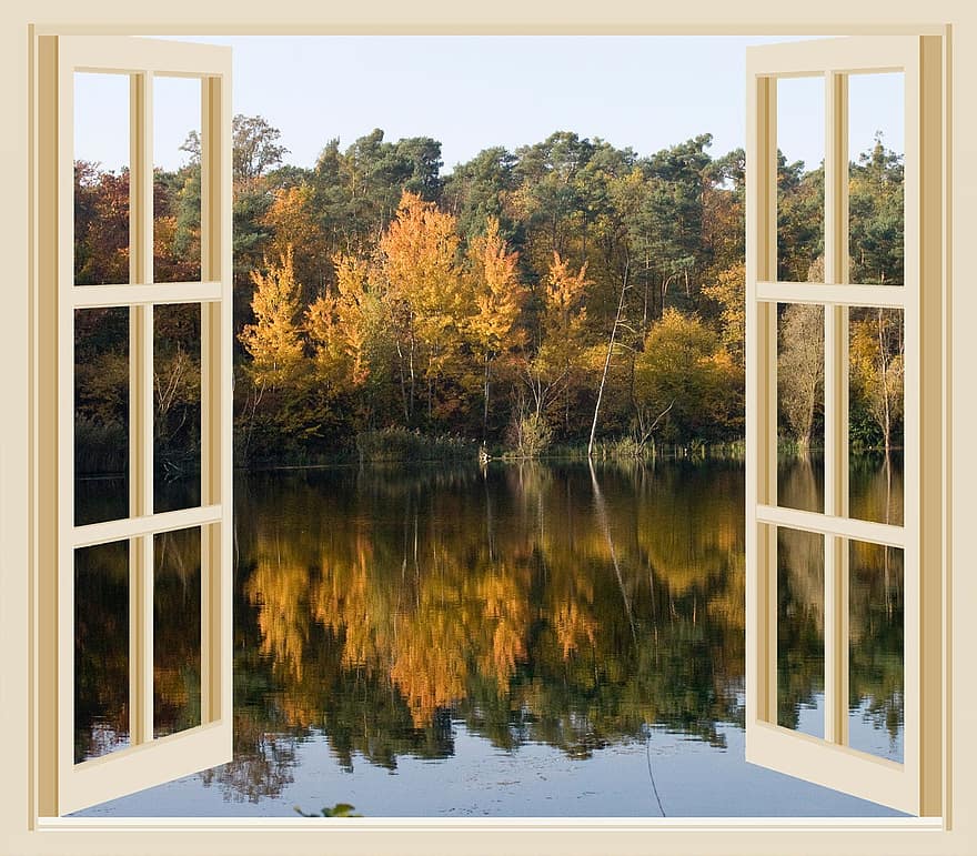 秋、湖、池、窓、開いた、色、カラフル、出現する、枠、ポスター、壁紙