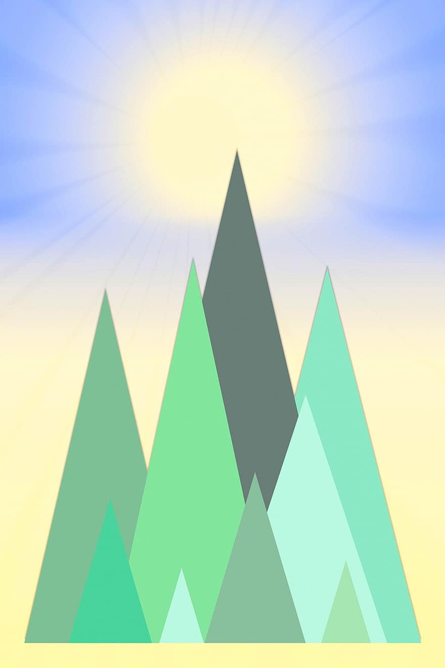 pegunungan di bawah sinar matahari, kolase, hijau, matahari, alam, pesona keberuntungan, warna, photomontage