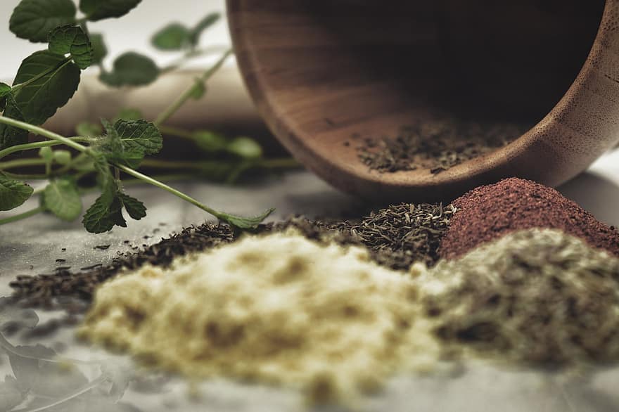 Pestle, Herbs, Spices, Food, Mint, Ingredients, Thyme, Rosemary, Paprika, close-up, leaf