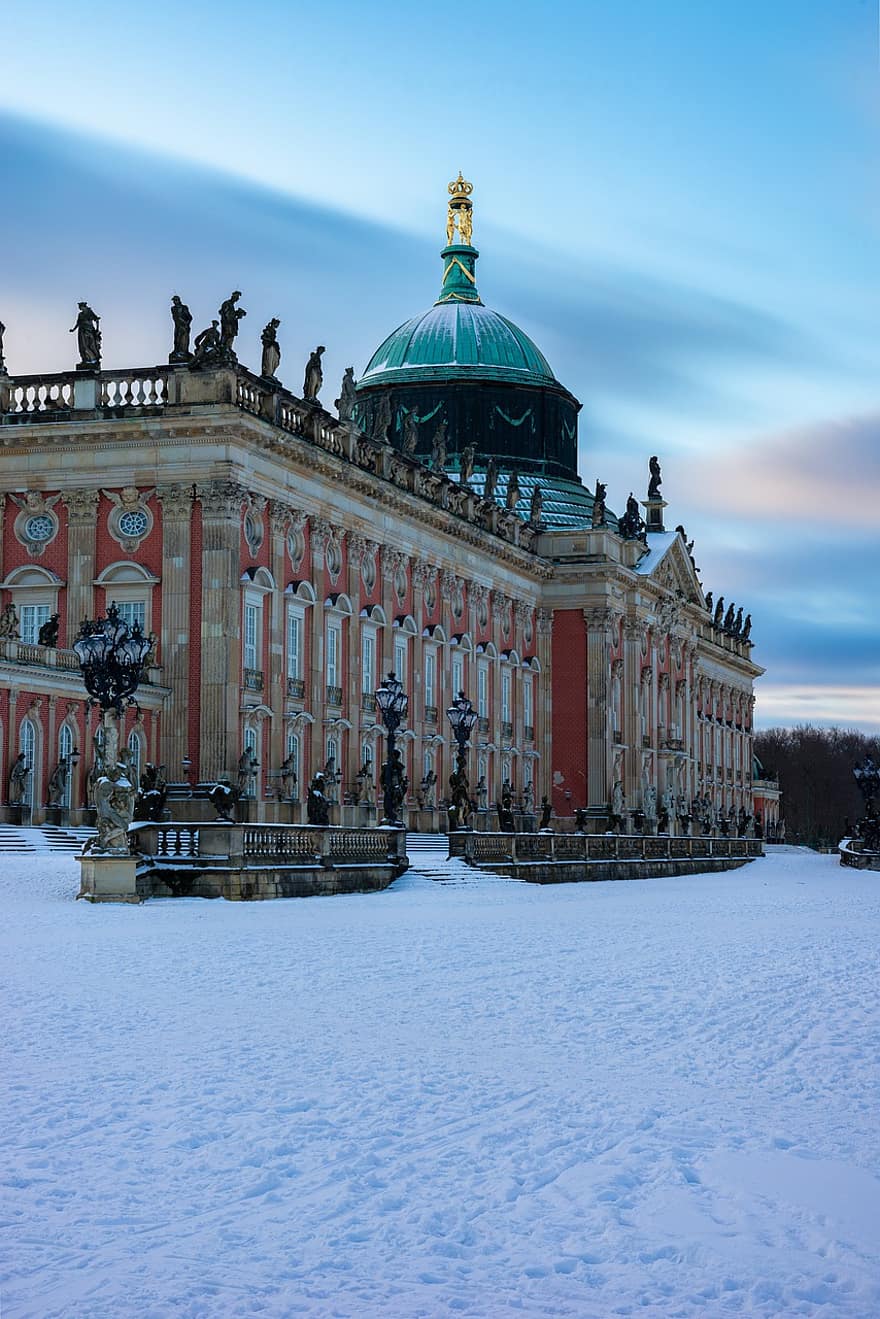 Palatul Nou, Sanssouci, Postdam, clădire, palat, faţadă, arhitectură, zăpadă, camp, iarnă, câmp de zăpadă