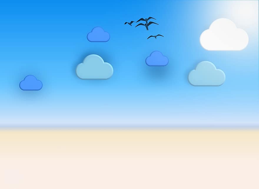 سحاب ، شمس ، الطيور ، شاطئ بحر ، سماء ، أزرق ، شكل السحب ، أبيض ، الرسم ، موضوع ، خلفية