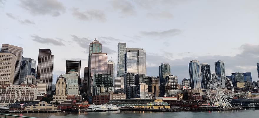 edificis, horitzó, port, Seattle, ciutat, urbà, paisatge urbà, arquitectura, aigua, moll, creuer
