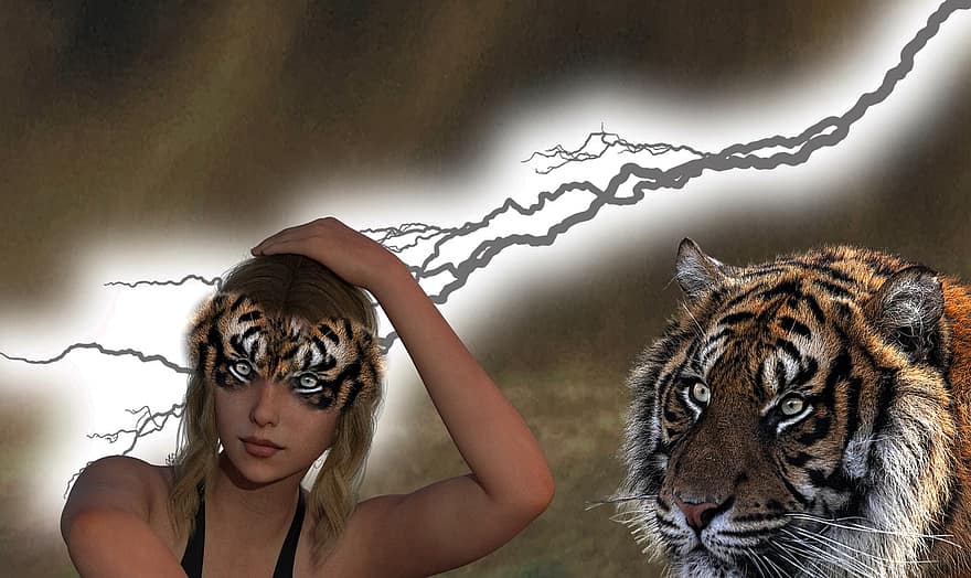Hybrid menneske, hybrid, fantasi, tiger, surrealistisk, science fiction, kvinde, fare, Kvinder, dyr i naturen, bengal tiger