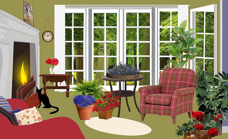 dzīvojamā istaba, dzīvo, kamīns, uzliesmojums, tabula, krēsls, melns kaķis, ziedi, logu, drapērijas, balti aizkari
