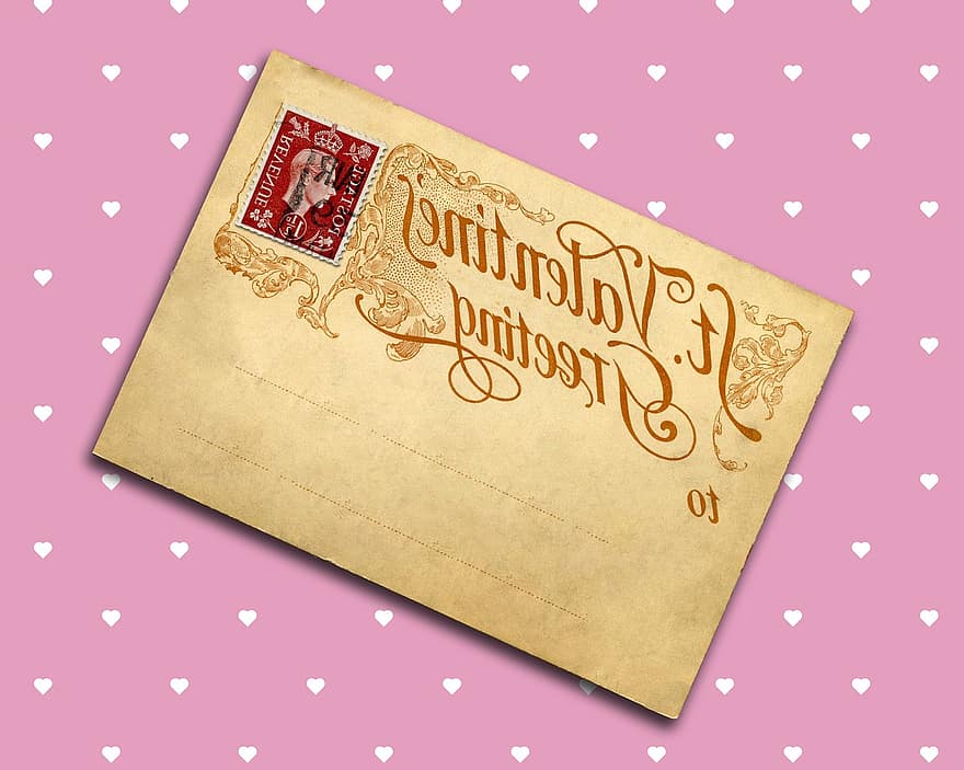 képeslap, szüret, vintage képeslap, Valentin nap, szerető, üdvözlet, papír, régi, szöveg, bélyeg, antik