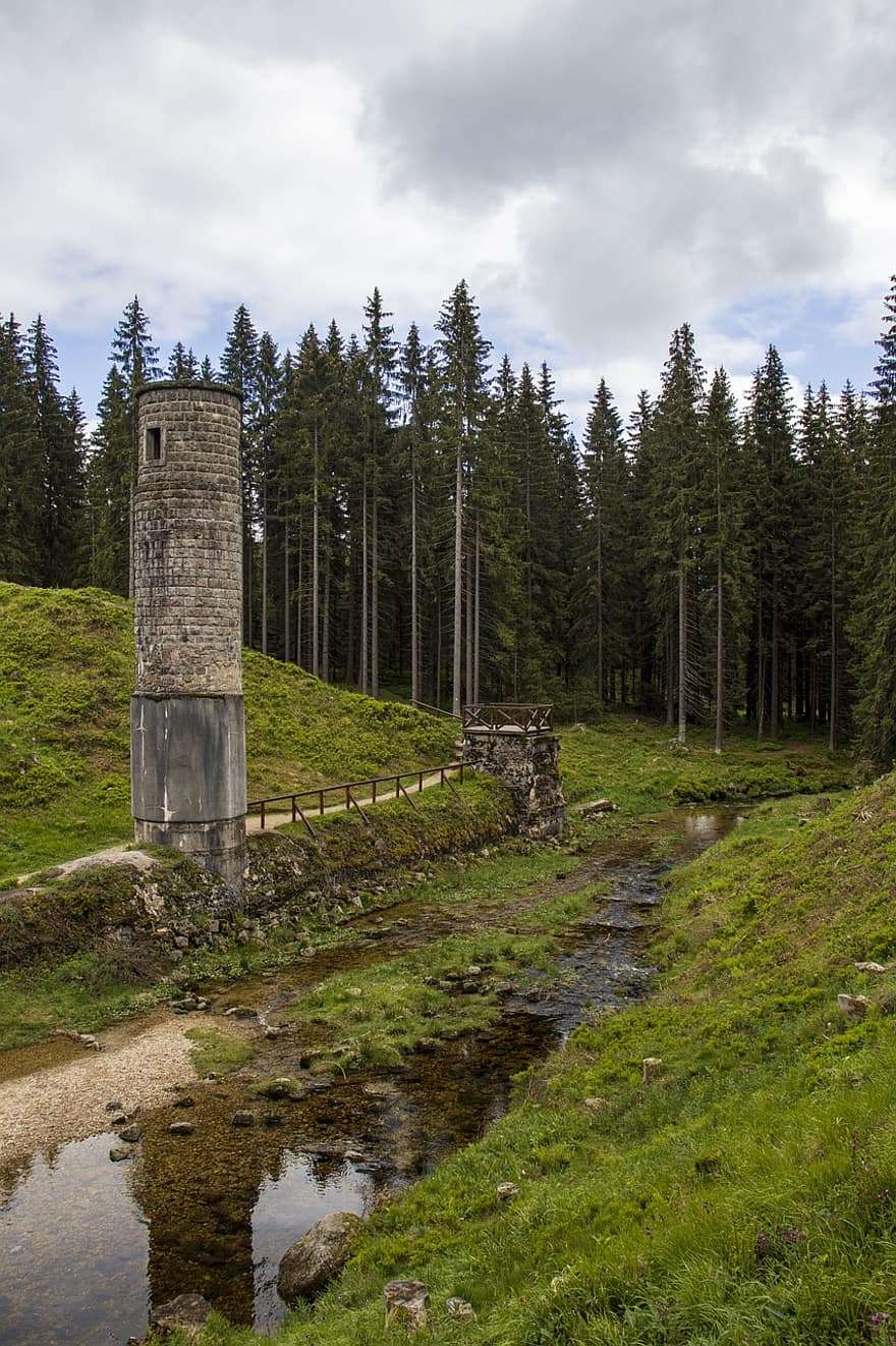 タワー、ストリーム、丘、木、森林、クリーク、水、自然、チェコニア