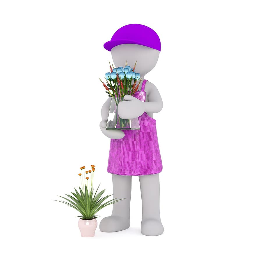 hvit mann, 3d modell, isolert, 3d, modell, Full kropp, hvit, blomsterhandler, blomster til salgs, blomst selger, blomster