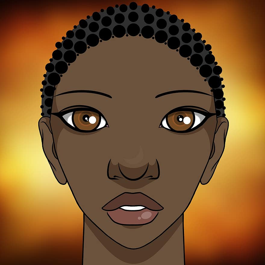 kvinde, afro, afroamerikansk, afrikansk, sort hud, smuk, pige, portræt, ansigt, tegning, tegneserie