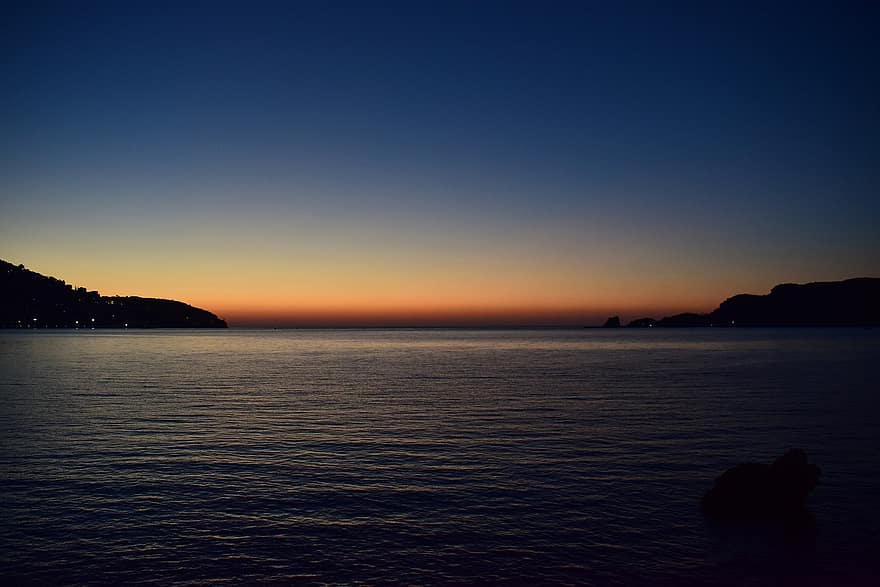 skumring, hav, klippe, silhouette, horisont, himmel, solnedgang, kveld, mørk, vann, natur