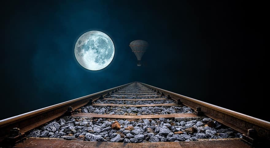 pleine lune, gleise, nuit, ballon, chemin de fer, infini, sombre, rails de chemin de fer, abandonné, ambiance, clair de lune