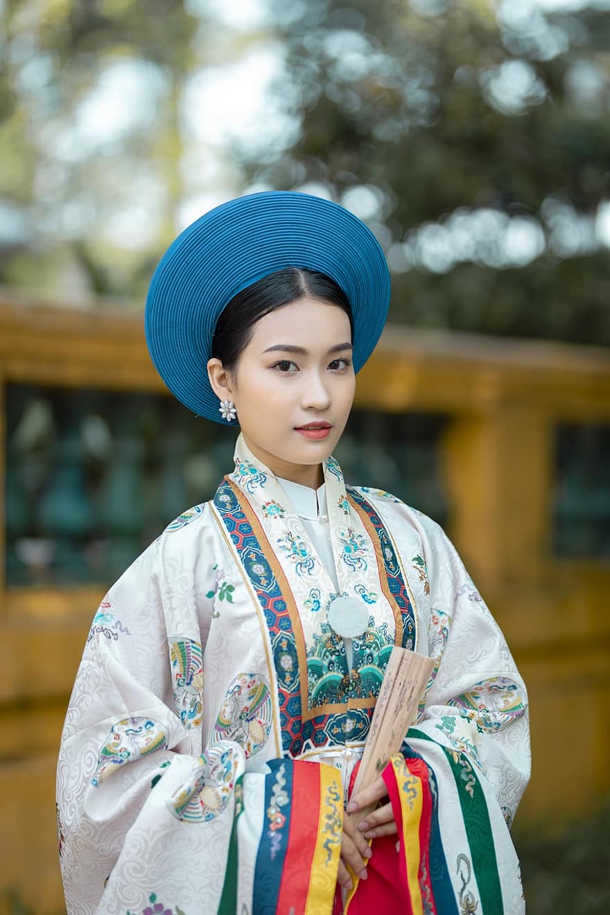Viet Phuc, mode, kleding, hand ventilator, vrouw, Nhat Binh, traditioneel, stijl, Vietnamees, Aziatisch, meisje