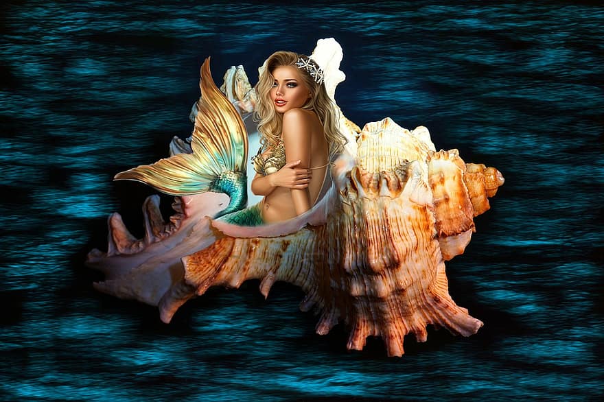 arka fon, Su, deniz kabuğu, Deniz Kızı, fantezi, kadın, karakter, dijital sanat