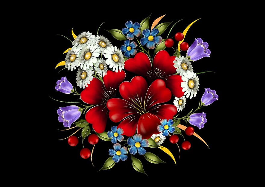 flor, decoració, ram de flors, color, flora, bonic, bouquet, temporada, camamilla, rosa, dibuix