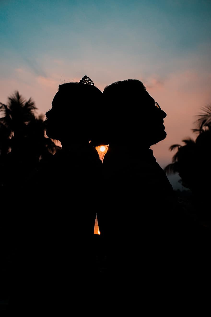 couple, silhouette, le coucher du soleil, relation, ensemble, les amoureux, amour, homme, femme, mariage, personnes