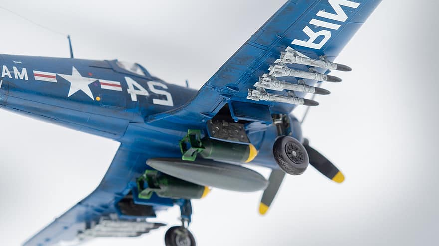 model, miniature, plast, historisk, fly, propel, luftvåben, amerikansk, os, F4U, Corsair