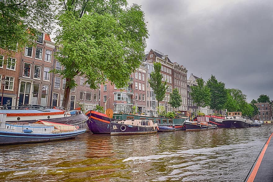 建物、運河、ボート、水路、アムステルダム、オランダ、ヨーロッパ、観光、建築