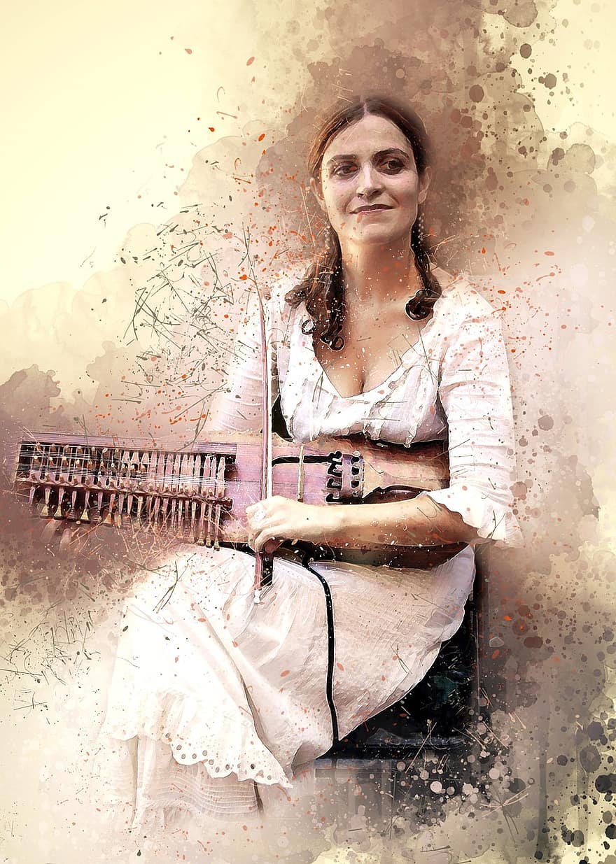 españa la bella, utcai zenész, toledo spanyolország, kulcsos hegedű, hegedű teclada, hangszer, hegedű, íj, nő, vöröshajú, fehér ruha