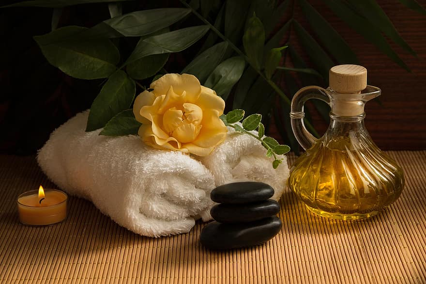 Wellness, Carafe, Towels, White, Rolled, Candle, Light, Black, Flower, Rose, Yellow