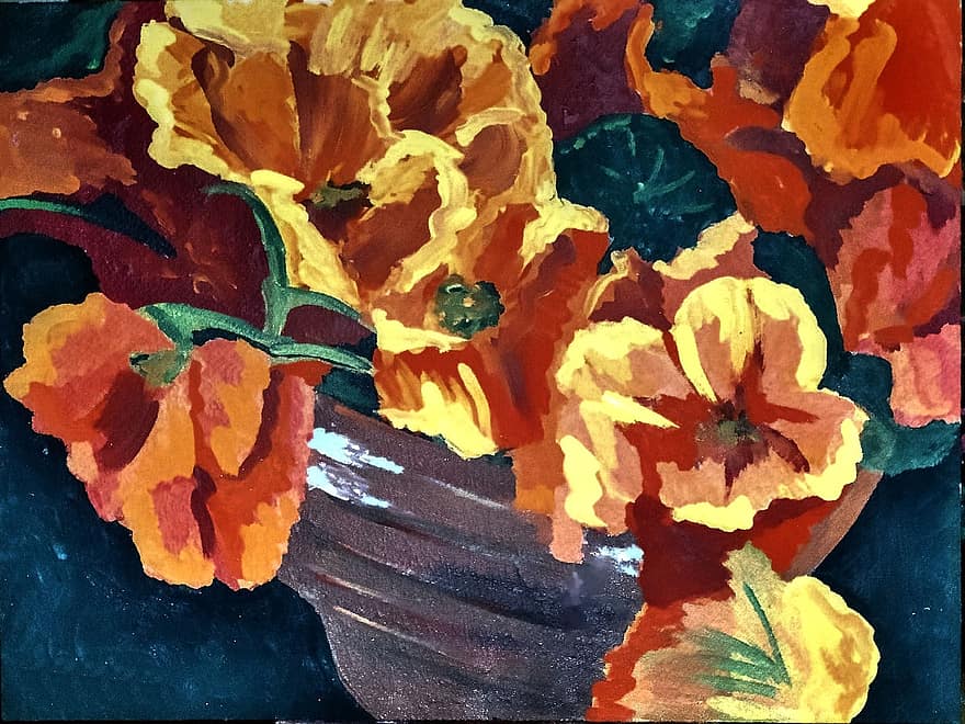 malované květy, tahy štětcem, plátno