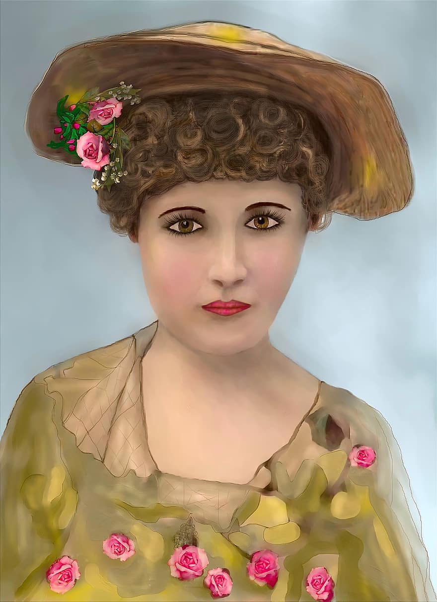 Viktorijas dāma, akvarelis, Ar roku apgleznots portrets